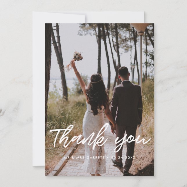 Modern typography wedding photo thank you card (Front)
