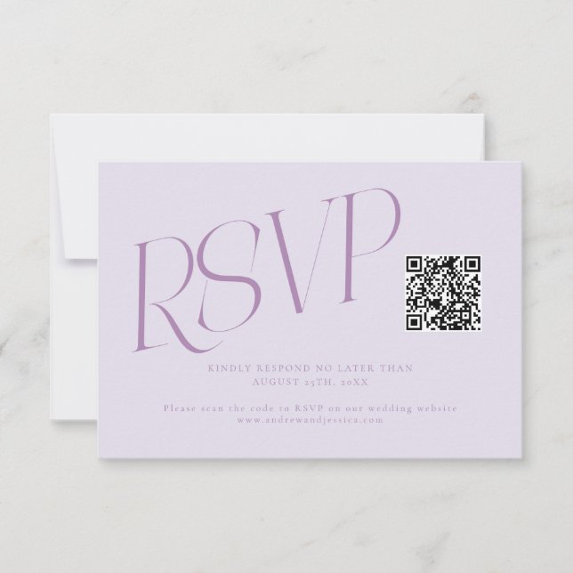 Modern Typography Wedding QR Code Lilac RSVP Card (Front)