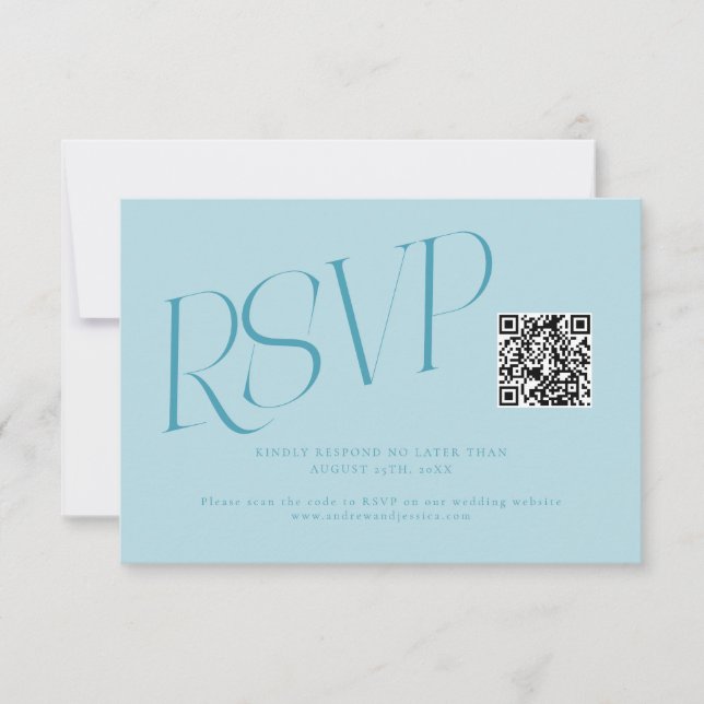 Modern Typography Wedding QR Code Turquoise RSVP Card (Front)