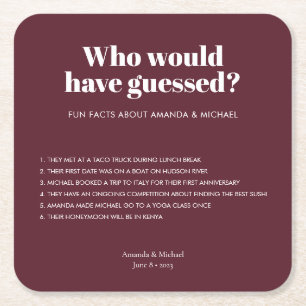 Modern Typography Wine Red Wedding Fun Facts Square Paper Coaster