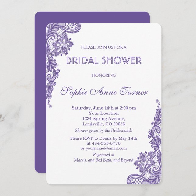 Modern Ultra Violet Lace Bridal Shower Invitation (Front/Back)