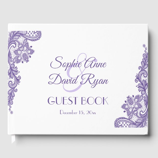 Modern Ultra Violet Lace Wedding Guest Book (Front)