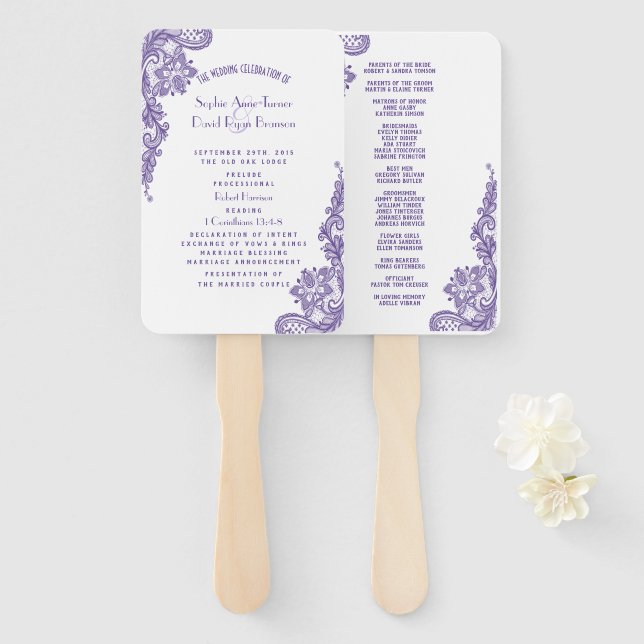 Modern Ultra Violet Lace Wedding Program Hand Fan (Front and Back)
