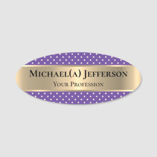 Modern Ultra Violet Polka Dot and Gold Banner Name Tag