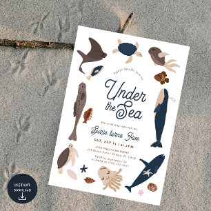 Modern Under the Sea 5th Birthday Invitation