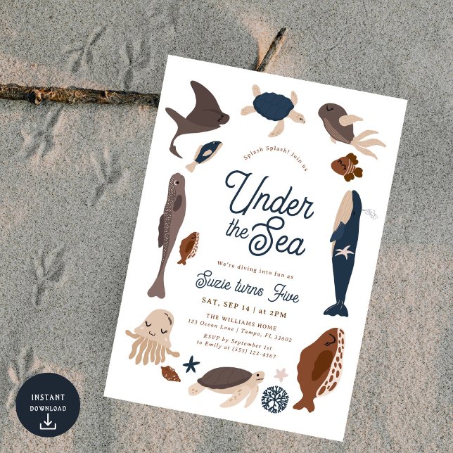 Modern Under the Sea 5th Birthday Invitation (Creator Uploaded)