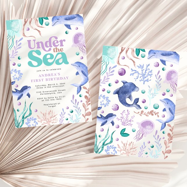 Modern Under the Sea Dolphin Retro First Birthday Invitation (Creator Uploaded)