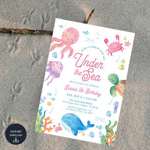 Modern Under the Sea Kids 5th Birthday Party Invit Invitation