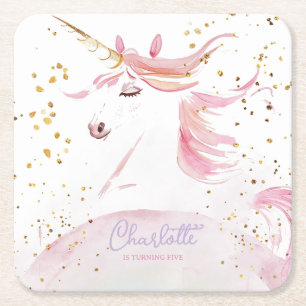 Modern Unicorn and Rainbow Pastel Birthday Square Paper Coaster