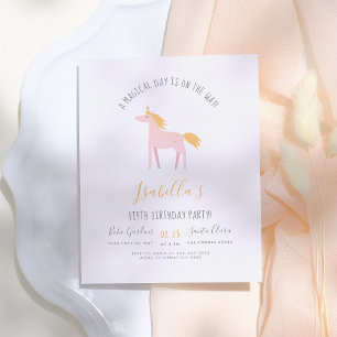 Modern Unicorn & Faux Gold Rainbow Birthday Party Invitation Postcard