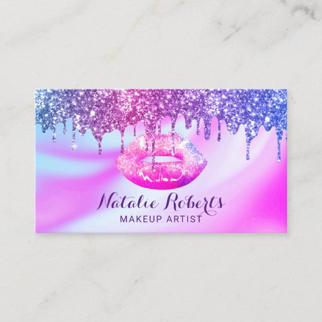 Modern Unicorn Glitter Drips Lips Beauty Salon Business Card (Front)