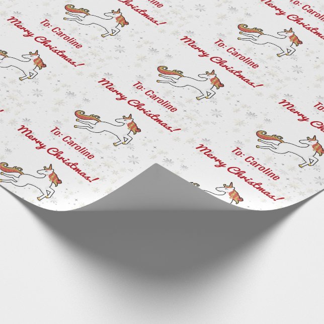 Modern Unicorn Glitter Snowflakes Name Merry Xmas Wrapping Paper (Corner)
