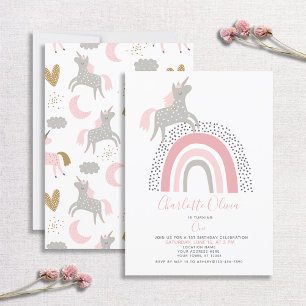 Modern Unicorn Rainbow Muted Pink 1st Birthday Invitation