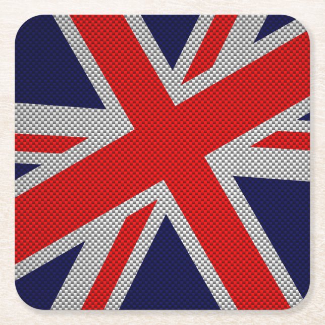 Modern Union Jack on Carbon Fibre Style Print Square Paper Coaster (Front)