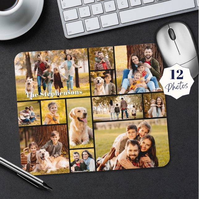 Modern Unique 12 Photo Collage Name Mouse Pad (Creator Uploaded)