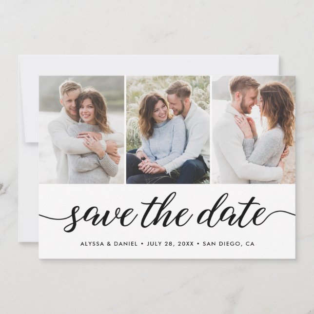 Modern Unique 3 Photos Wedding Modern Script Save The Date (Front)