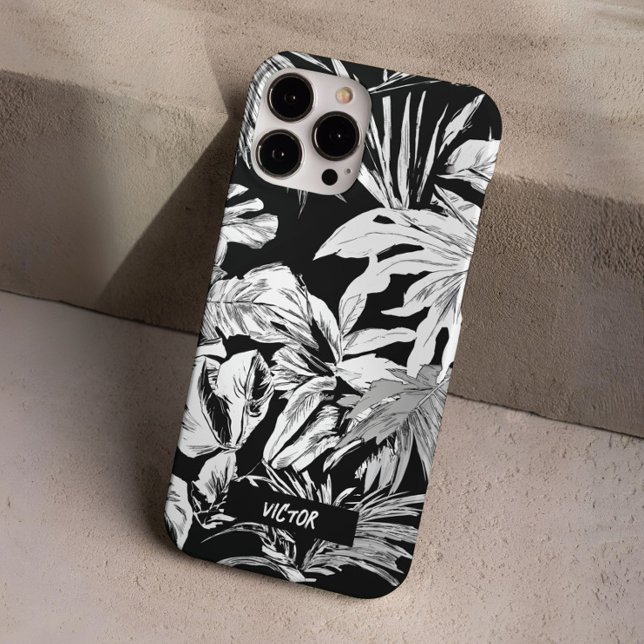 Modern Unique Black and White Tropical Leaf Custom Case-Mate iPhone Case (Modern Chic Black and White Tropical Leaf Design Personalized Case-Mate iPhone Case)