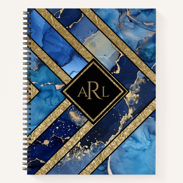 Modern Unique Blue Gold Geometric Personalised Notebook (Front)