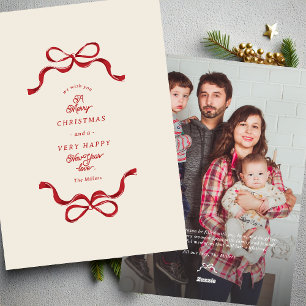 Modern Unique Christmas Bows Cream & Red Photo Holiday Card