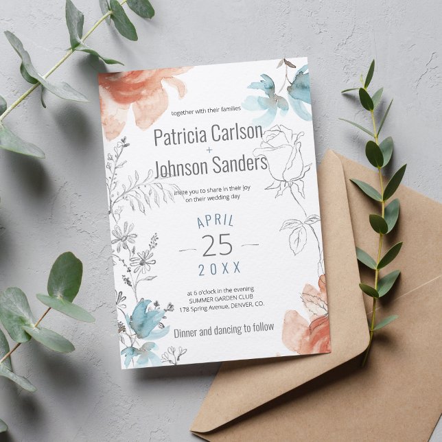 Modern unique dusty blue peach and grey wedding invitation (Creator Uploaded)