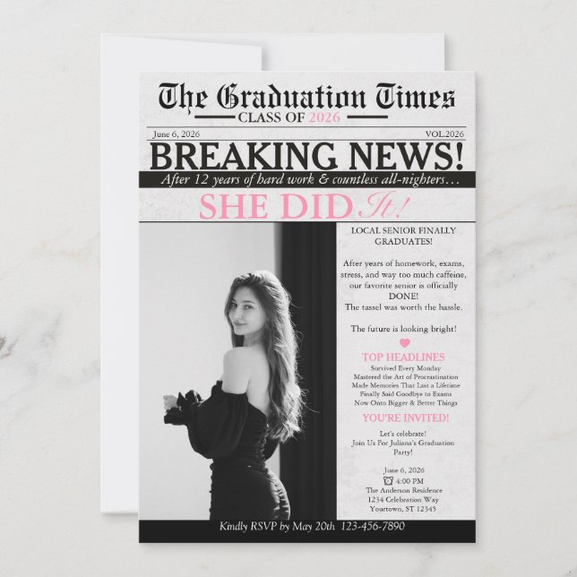 Modern Unique Fun Photo Newspaper Graduation  Invitation (Front)