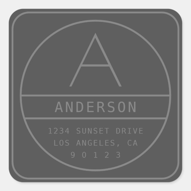Modern Unique Grey Address & Monogram Square Sticker (Front)