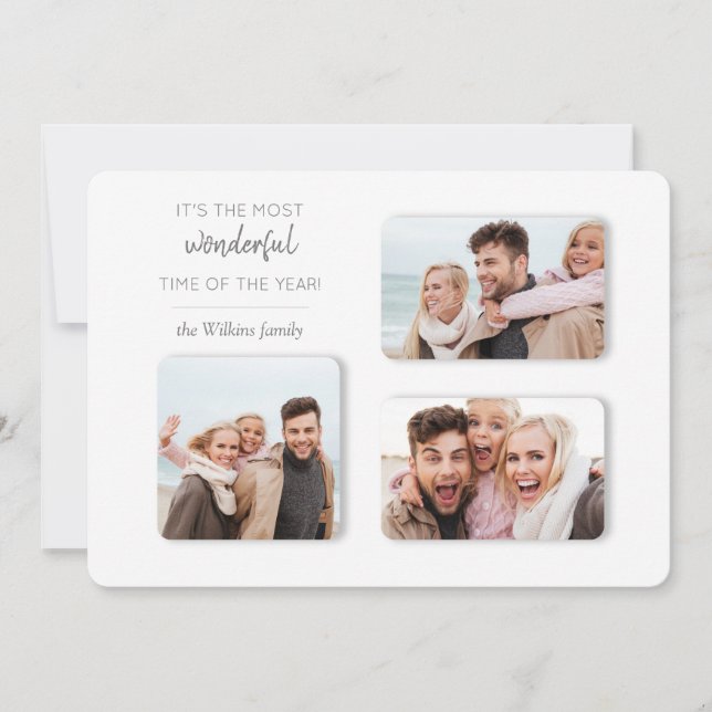 Modern Unique Holiday 3-Photo Dimensional Grid Card (Front)