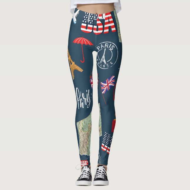 Modern unique navy blue Paris London USA map Stamp Leggings (Front)
