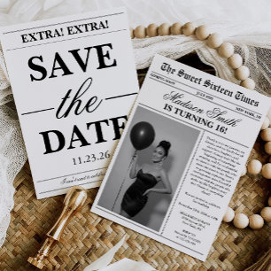 Modern Unique Newspaper Photo Sweet 16 Invitation