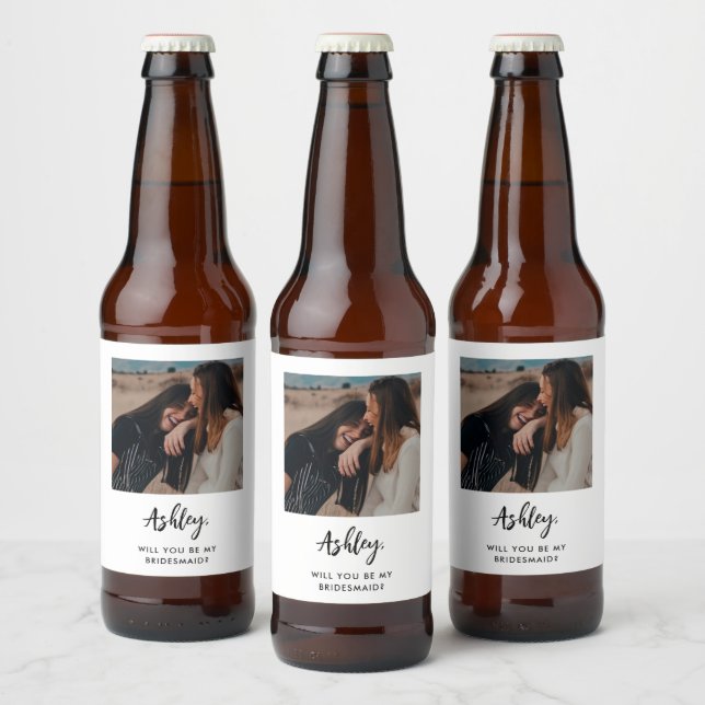 Modern Unique Photo Be My Bridesmaid Proposal  Beer Bottle Label (Bottles)