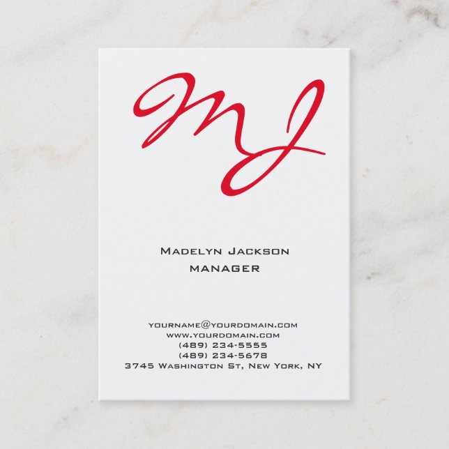Modern unique red white professional monogram business card (Front)