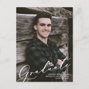 Modern Unique Script Overlay Two Photo Graduation Announcement Postcard