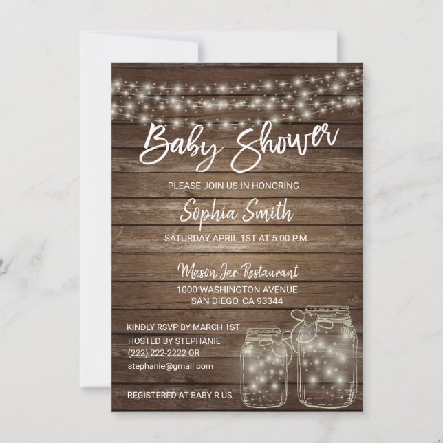 Modern Unique Wood Rustic Mason Jar Baby Shower Invitation (Front)