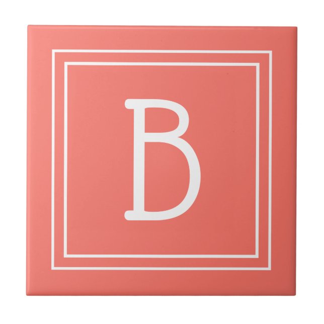 Modern Updated Monogrammed Coral & White Initial Ceramic Tile (Front)