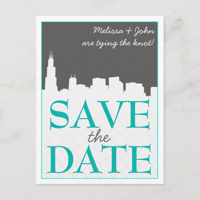 Modern Urban Cityscape Save the Date Postcards (Front)
