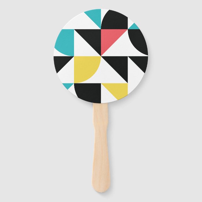 Modern, urban, colourful, fun geometric pattern hand fan (Front)