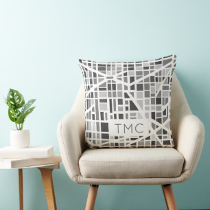 Modern Urban Map Monogram INITIALS Architectural Cushion