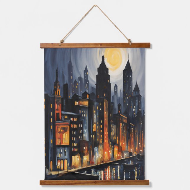 Modern Urban Nightscape – City Skyline at Dusk Art Hanging Tapestry (Front)