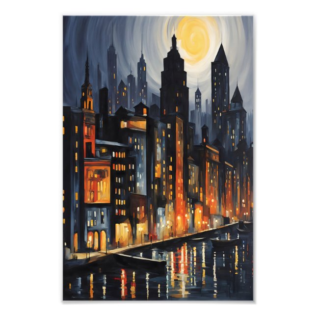 Modern Urban Nightscape – City Skyline at Dusk Art Photo Print (Front)
