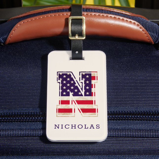 Modern USA Flag Monogram N Luggage Tag (Front Insitu 2)