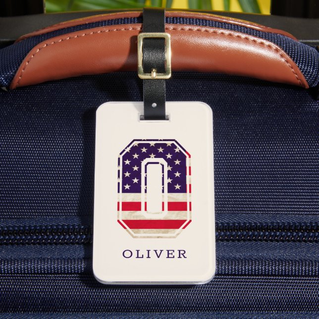 Modern USA Flag Monogram O Luggage Tag (Front Insitu 2)