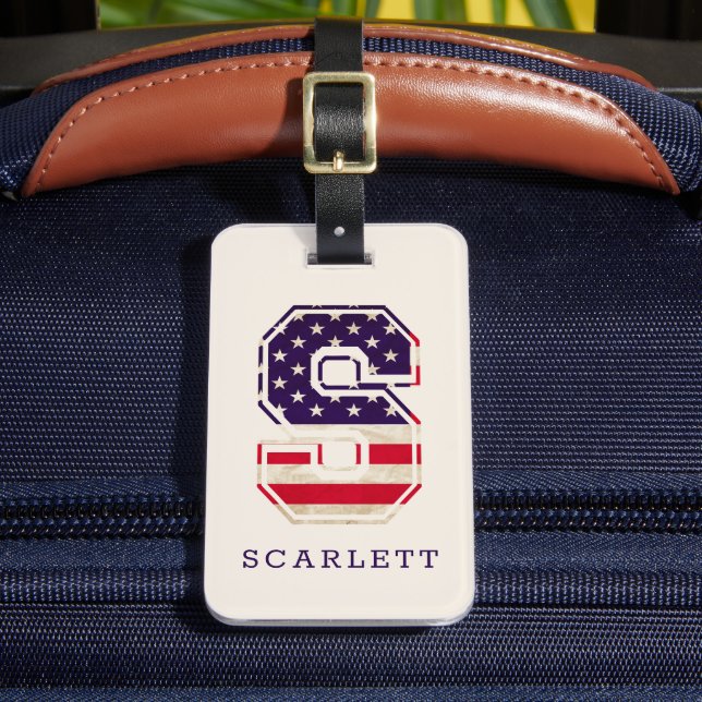 Modern USA Flag Monogram S Luggage Tag (Front Insitu 2)