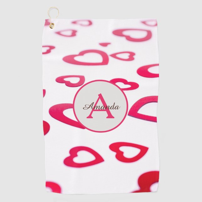 Modern Valentine red hearts with monogram and name Golf Towel (Front)