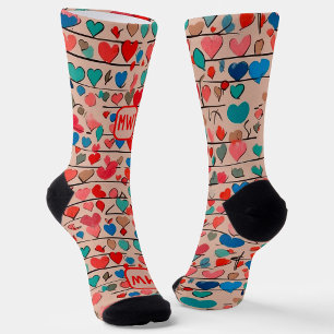 Modern Valentine’s Day colourful hearts, monogram Socks
