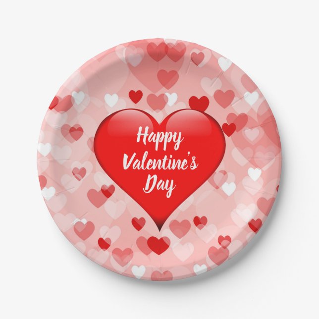 Modern Valentine's Day Red Pink Hearts Party Paper Plate (Front)