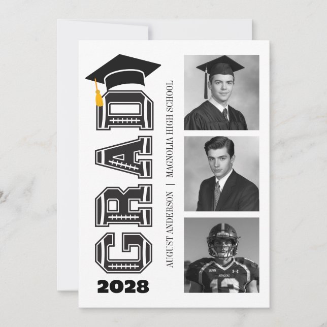 Modern Varsity Football Player Photo Graduation Invitation (Front)