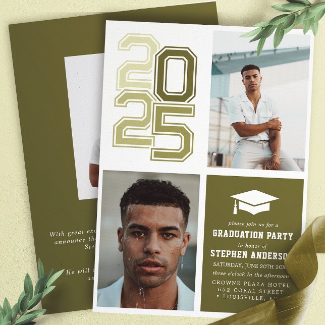 Modern Varsity Moss Green Photo Graduation Party Invitation (Creator Uploaded)