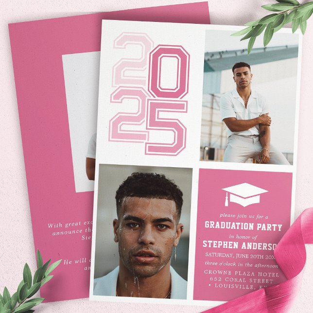 Modern Varsity Pink Photo Graduation Party Invitation (Creator Uploaded)