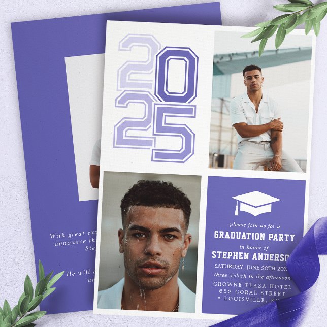 Modern Varsity Purple Photo Graduation Party Invitation (Creator Uploaded)