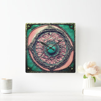 Modern Verdigris and pink tourmaline Metal Art Square Wall Clock